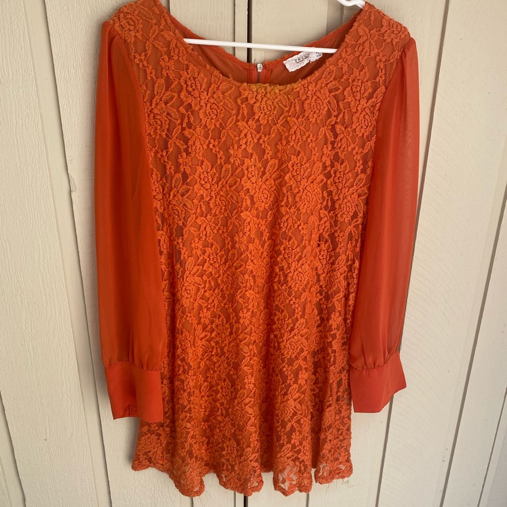 🍂 Orange Lace Shift dress with sheer sleeves, 2X